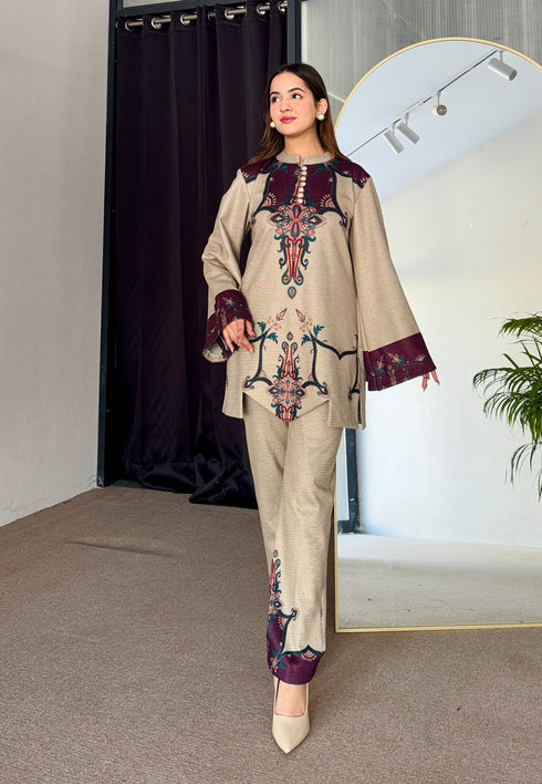 Beige Wine Cutwork Woollen Kurta Set